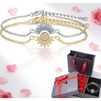 Mother's Day Gift Sun Moon Jewelry Set Stackable Bracelet Necklace Sparkling Gold Silver Gemstone Pendant Accessory Meaningful Gift